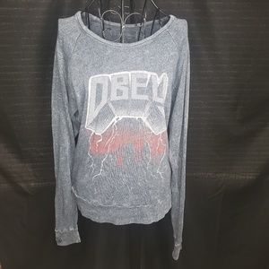 Obey Distressed Dark Grey Pullover Sweatshirt S